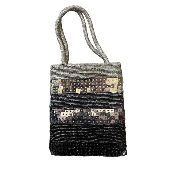 Vintage Black and Silver Beaded Handbag Evening Bag - Picture 1 of 3